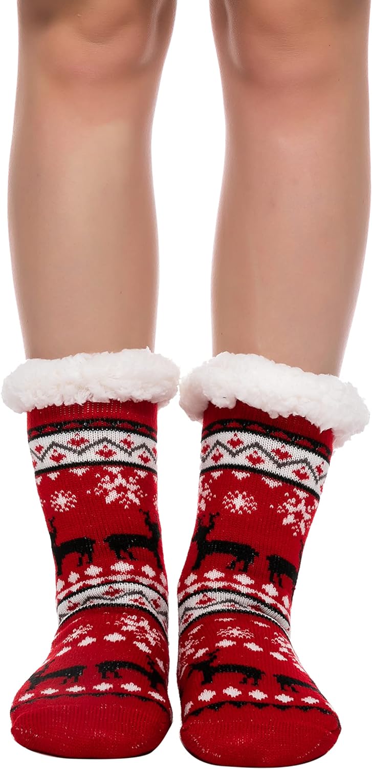 Joyfy 2 Pack Christmas Socks Fuzzy Socks for Women,Comfy Crew Fuzzy Sock Slippers for Women Adults,Christmas Gifts for Women