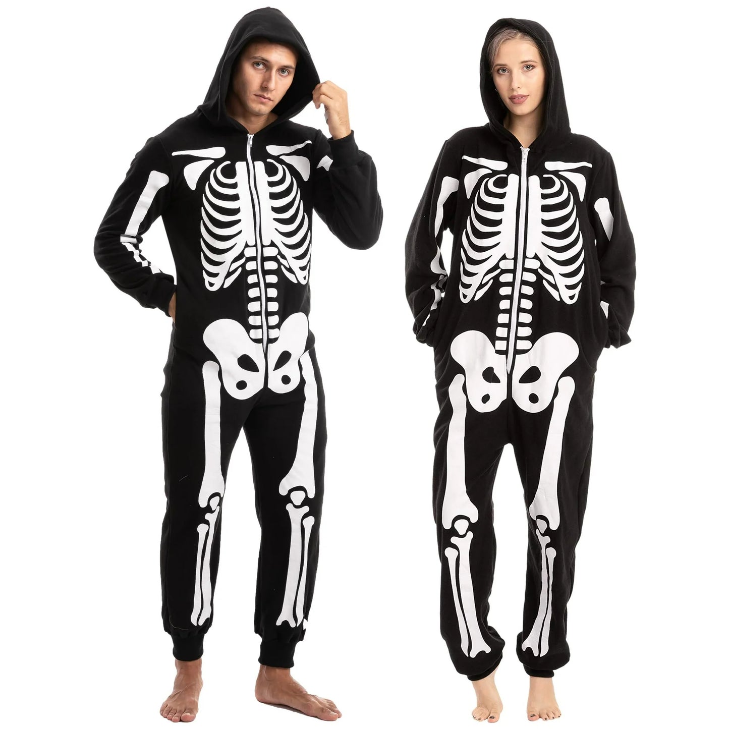 SYNCFUN Unisex Adult Skeleton Jumpsuit Pajama Zippered Halloween Hoody Sleepwear Costume(Large) Black