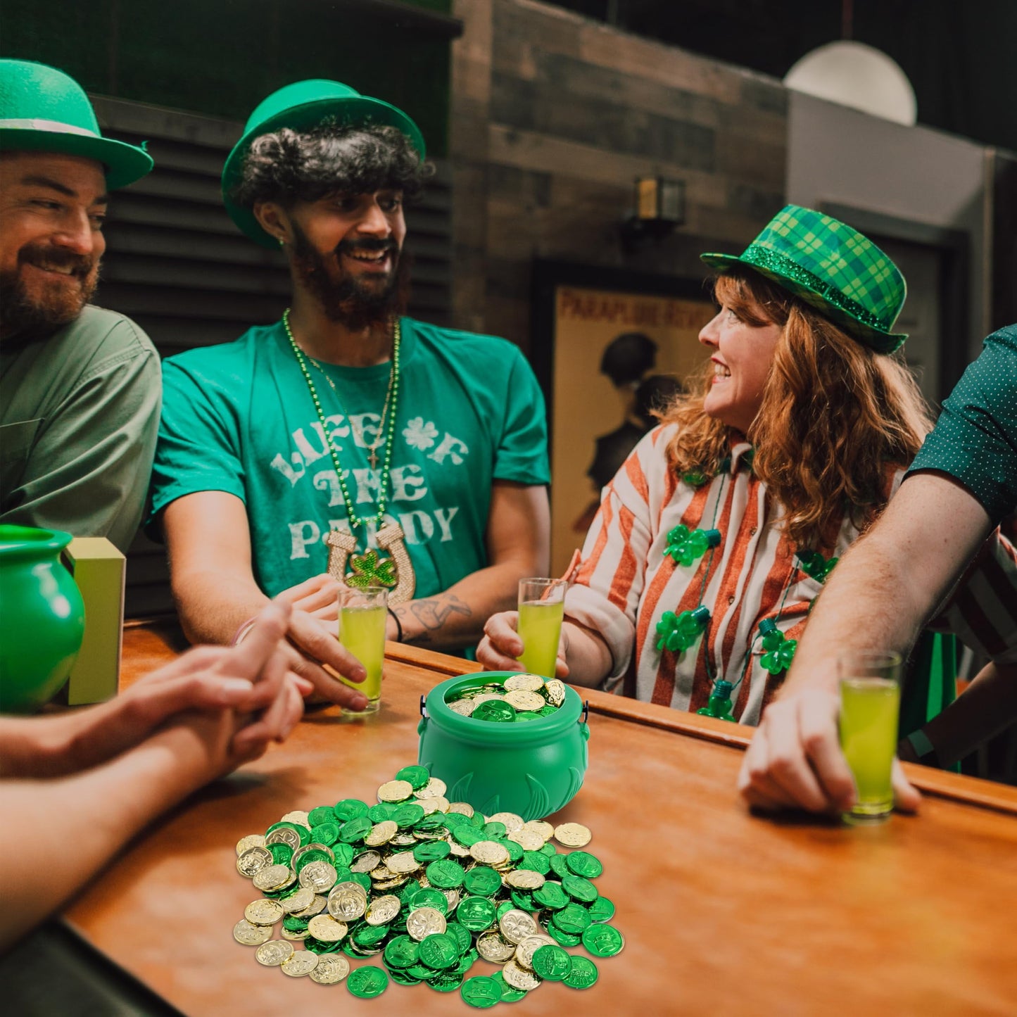 208 St. Patrick's Day Lucky Fairy Plastic Coins and 1 Large Green Pot with Handle St. Patrick's Gold Pot Party Supplies