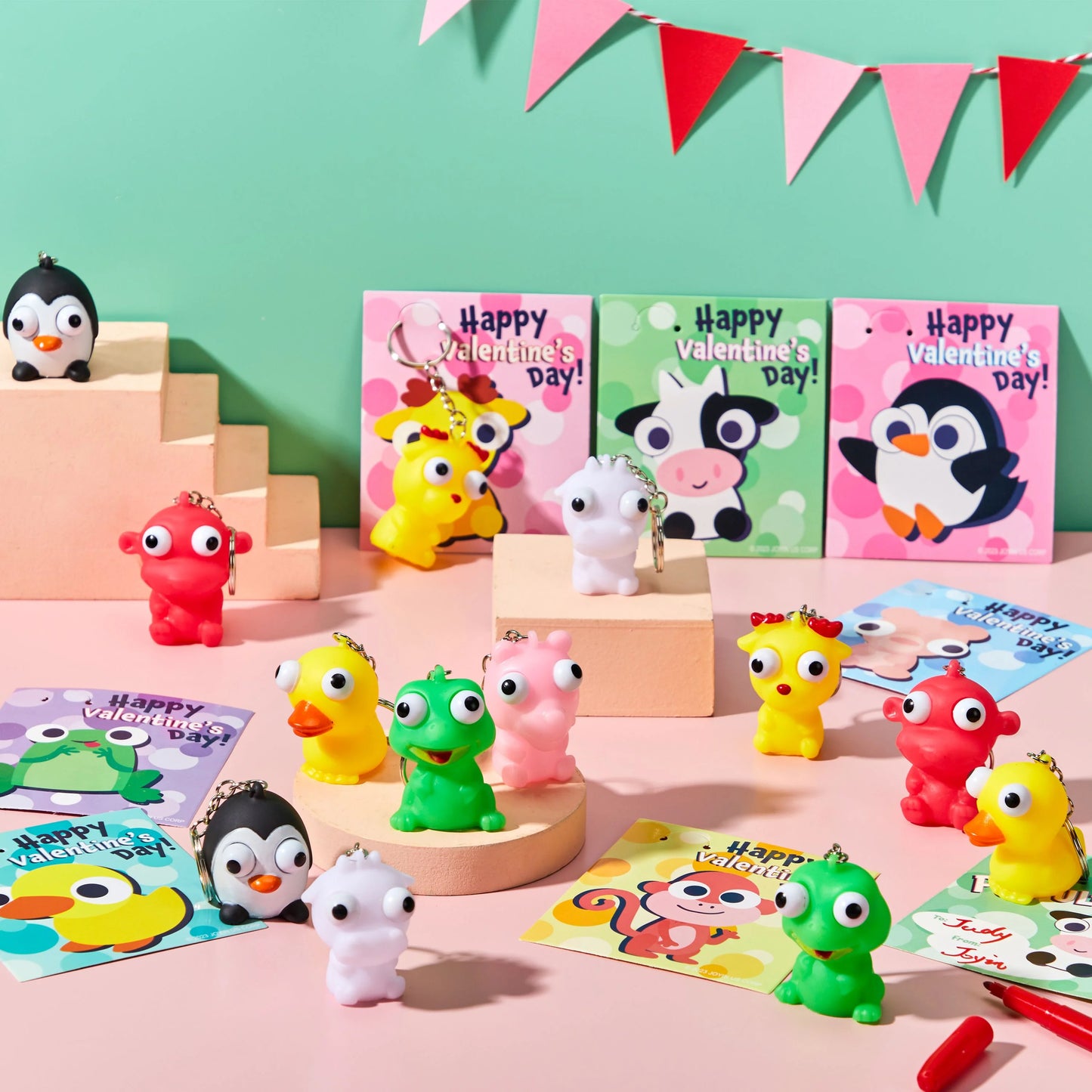 28 Packs Valentine's Day Gift Card with Unzip Popping Eyes Animal Keychains for Kids Party Favor, Classroom Exchange Prizes, Valentine’s Greeting Cards