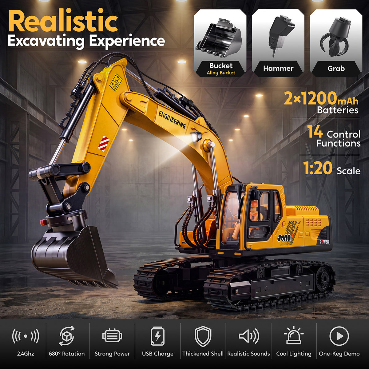 Joyfy 3-in-1 RC Excavator Construction Toy for Kids, 11 Channel Precise Control for Outdoor Play Sandbox Digger Toys, 680° Rotatable Cab, Christmas & Birthday Gifts for Kids 3-8-12