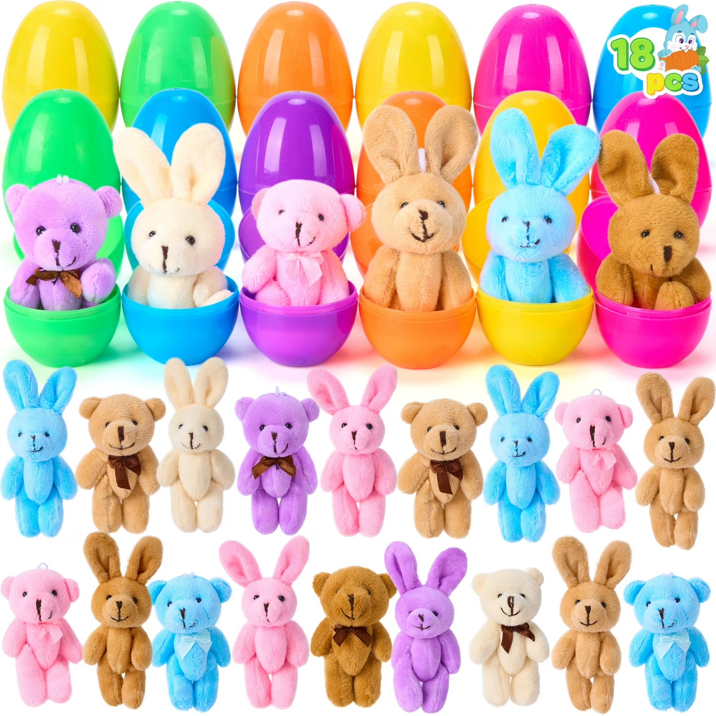 Joyfy 18 Pack Prefilled Easter Eggs with Toys,Eggs with Plush Bunnies & Bears Kids Toddler,Basket Stuffers for Girls,Easter Basket Filler Egg Hunt Filler Stuffer