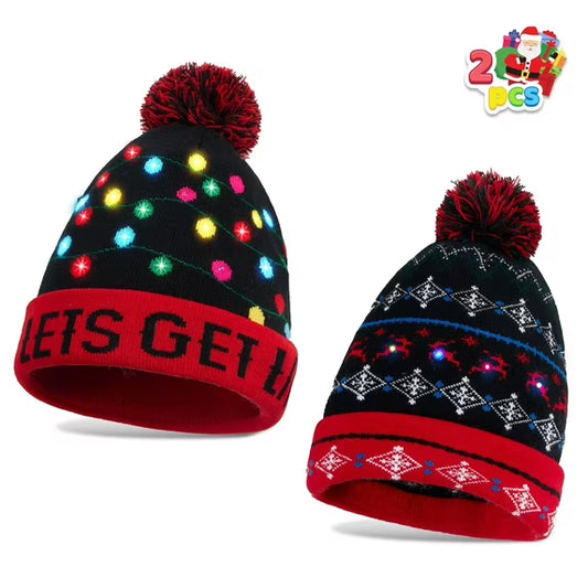 Joyfy 2 Pack LED Christmas Hat,Light Up Ugly Christmas Beanies for Adults,Mens Gifts for Christmas,Funny Hats Christmas Party Favors (Battery Included with 3 Flashing Modes)
