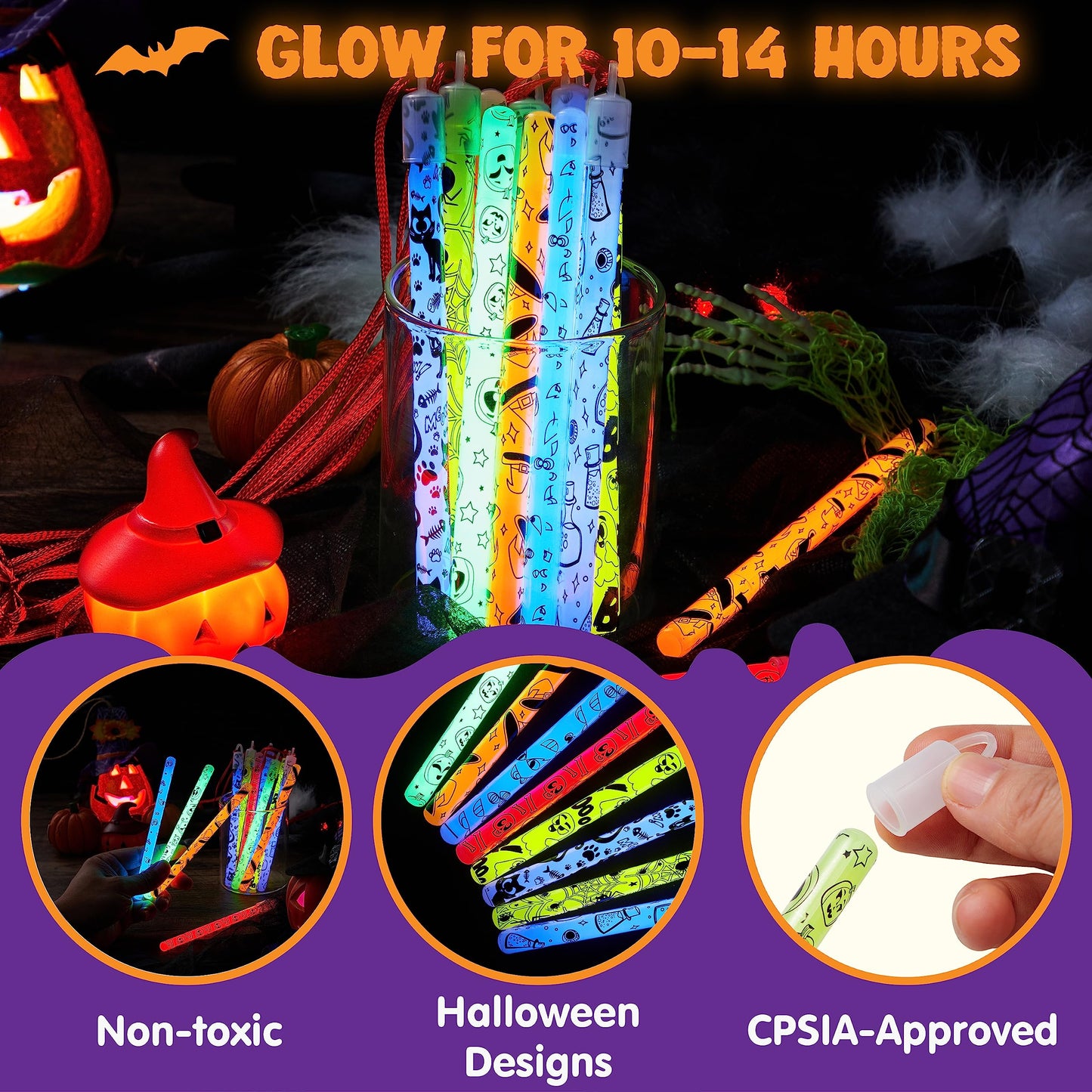 Sycnfun 24 Pcs Halloween Glow Sticks Bulk Party Pack,Hanging Wands Glow in The Dark Party Favors,Halloween Goodie Bag Fillers,Halloween Trinkets for Kids,Halloween Activities