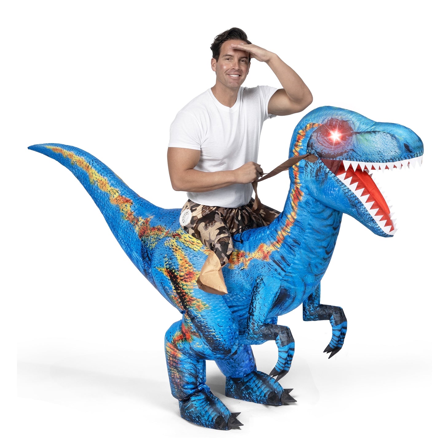 Joyfy Halloween Adult Inflatable Dinosaur Costume, Ride-On Raptor, Blue Digital Printed Tyrannosaurus Rex Air Blown Ride-On Halloween Costume with Light Eyes