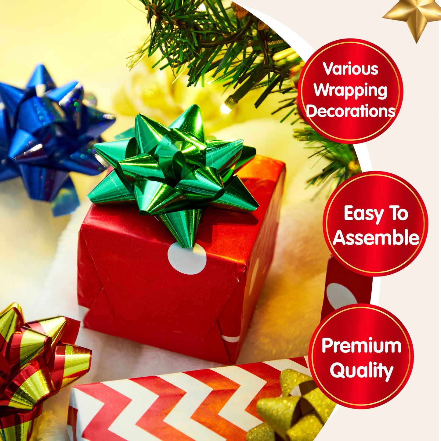 Joyfy 77 Pcs Christmas Gift Bows & Gift Ribbons, 75pcs 3 Inch Christmas Self Adhesive Gift Bows and 2 Rolls of Christmas Curling Ribbons for Baskets, Wine Bottles, Gift Wrapping