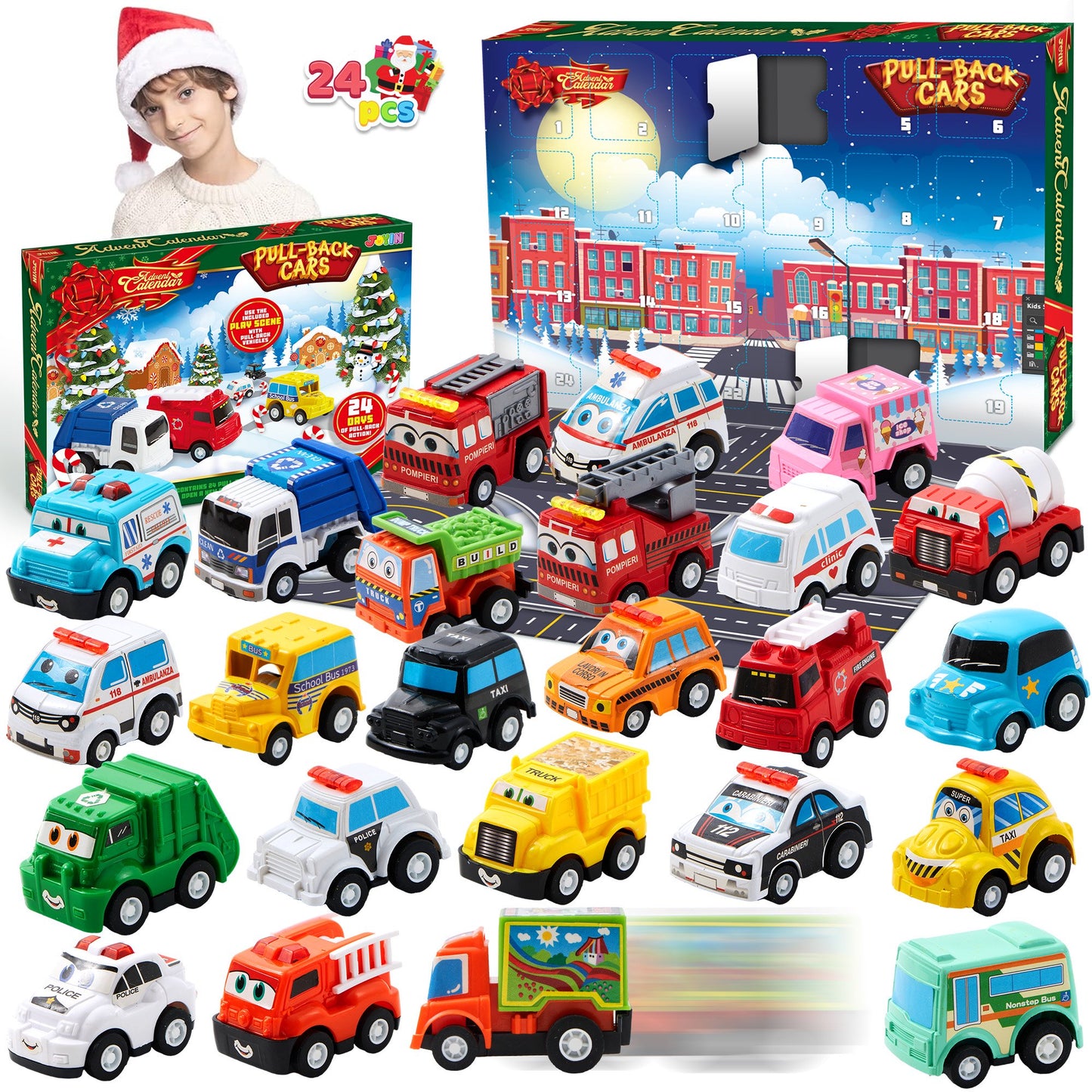 Joyfy 2025 Advent Calendar with 24 Vehicles,Advent Calendar Cars kids Toddler Boys, Xmas Gift 24 Cars with Pull Back Car Police Racing Cars