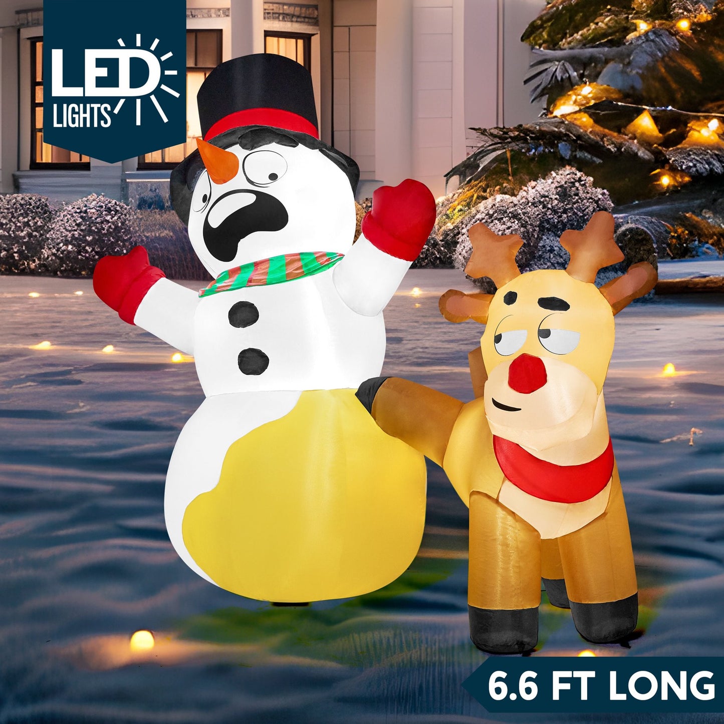 Joyfy 6.6 ft Christmas Inflatables Reindeer Snowman Outdoor Decorations,Christmas Reindeer Peeing on Snowman Blow Ups Yard with Built-in LEDs for Holiday Party Garden Lawn Decor