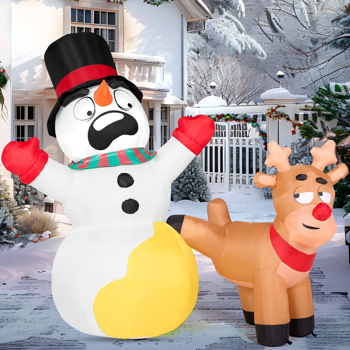 Joyfy 6.6 ft Christmas Inflatables Reindeer Snowman Outdoor Decorations,Christmas Reindeer Peeing on Snowman Blow Ups Yard with Built-in LEDs for Holiday Party Garden Lawn Decor