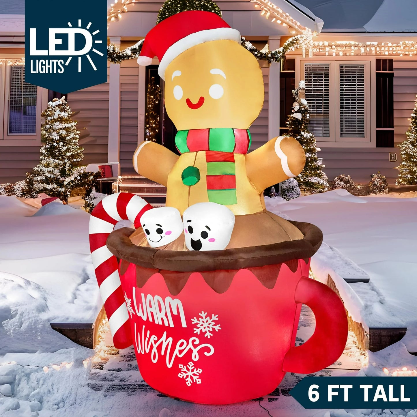 Joyfy 6 ft Christmas Inflatables Gingerbread Outdoor Decorations,Gingerbread Man in Hot Cocoa Mug Blow Ups with Built-in LEDs for Holiday Party Garden Lawn Yard Decor
