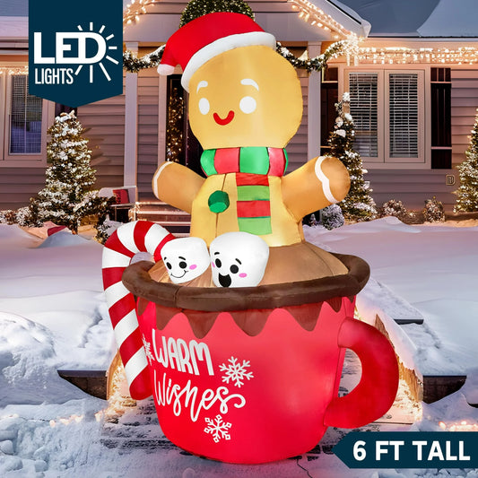 Joyfy 6 ft Christmas Inflatables Gingerbread Outdoor Decorations,Gingerbread Man in Hot Cocoa Mug Blow Ups with Built-in LEDs for Holiday Party Garden Lawn Yard Decor
