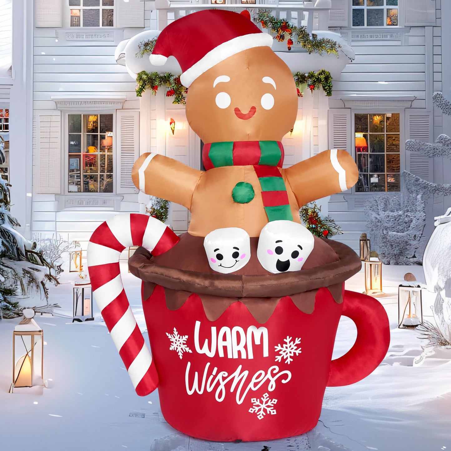 Joyfy 6 ft Christmas Inflatables Gingerbread Outdoor Decorations,Gingerbread Man in Hot Cocoa Mug Blow Ups with Built-in LEDs for Holiday Party Garden Lawn Yard Decor