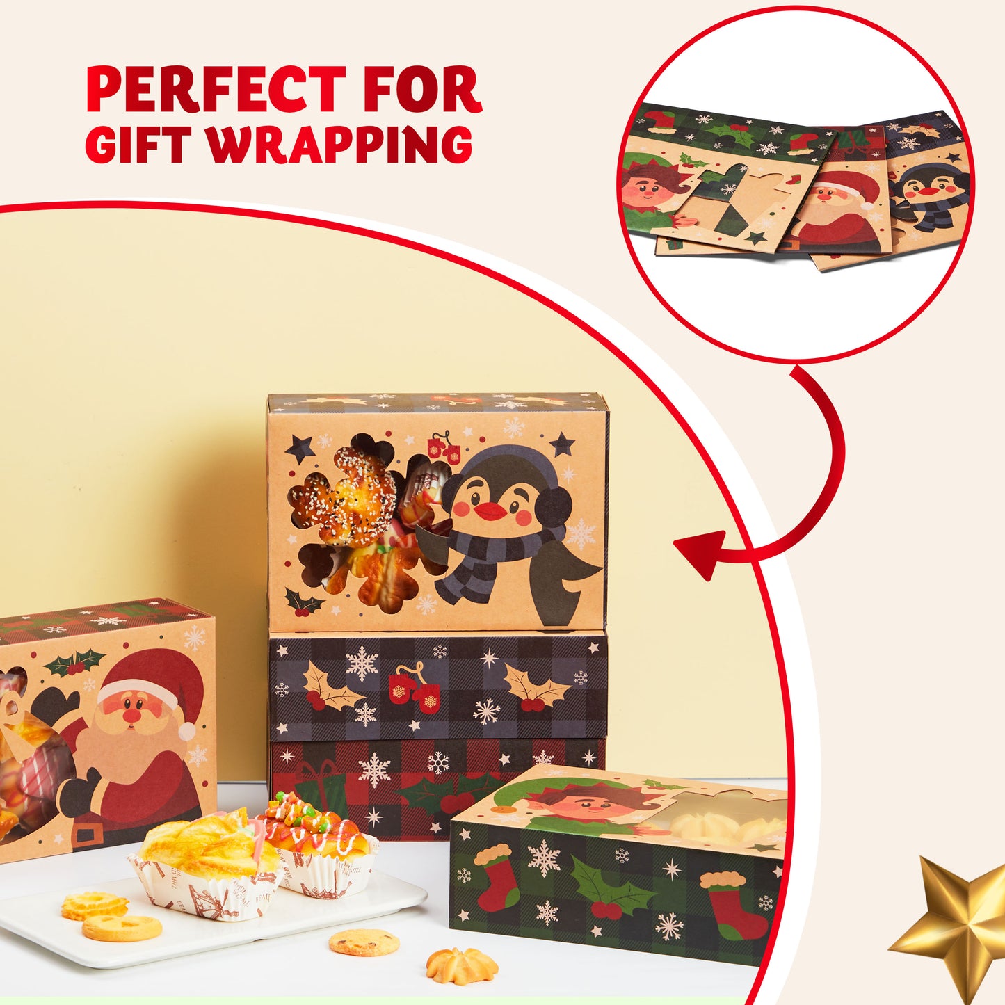SYNCFUN 24 Pcs Christmas Cookie Boxes with Window, 8.5" x 5.75" x 2.75" Colorful Patterns Hollowed Out Kraft Bakery Gift Box for Holiday, Pastries, Cupcakes, Brownies, Donuts Gift-Giving