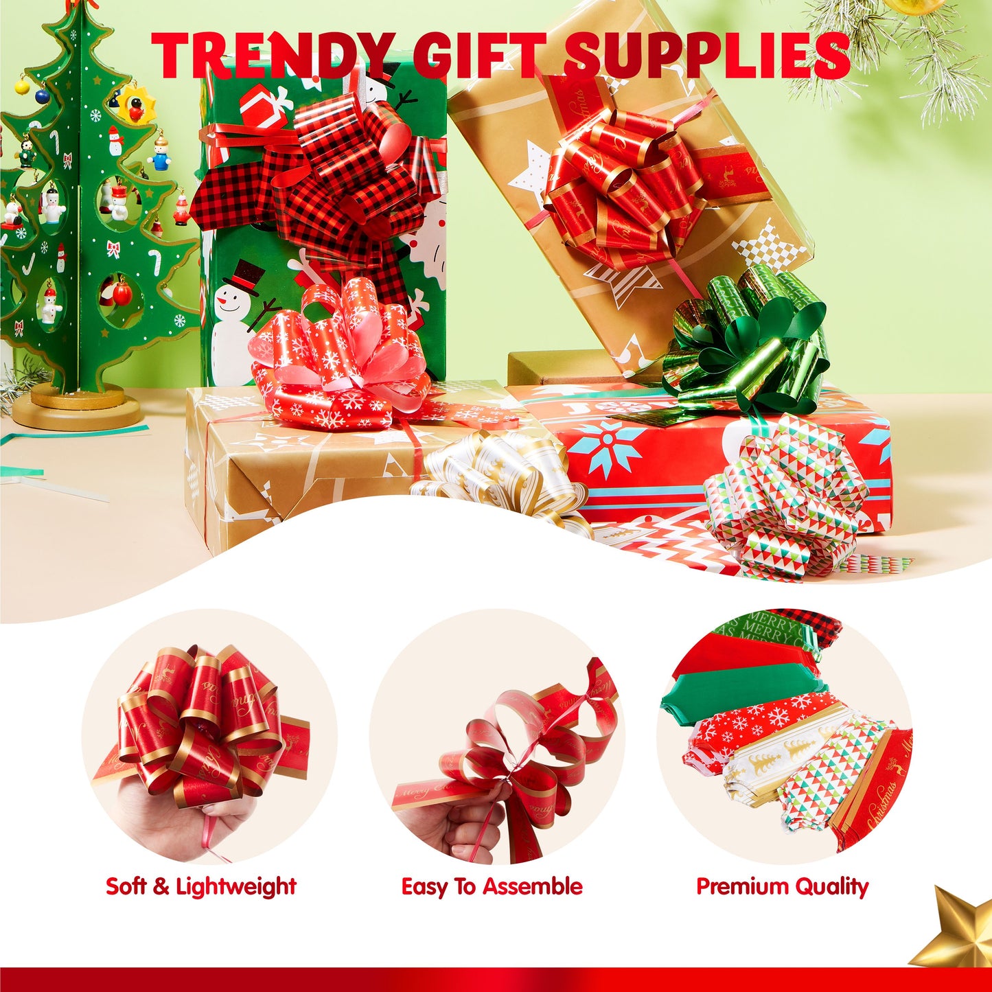 Joyfy 24 Pcs Christmas Pull Bows Present Wrap Ribbon(4.7" Wide), Easy and Fast Gift Wrapping Accessory for presents, Bows, Baskets, Wine Bottles Decoration, Gift Wrapping and Decoration Present