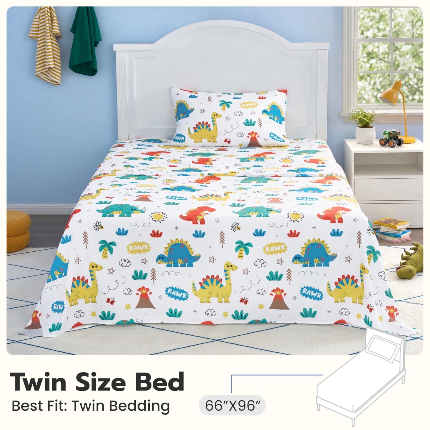 Joyfy Kids Twin Sheet Set Dinosaur - 3 Piece Soft Microfiber Bed Sheets - Deep Pocket Wrinkle Free, Cozy Toddler Bedding Set, Fade Resistant Breathable for Boys Girls Teens