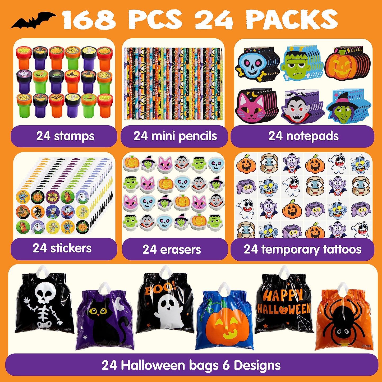 SYNCFUN 168 Packs Halloween Stationery Party Favors,Halloween Gifts for Kids,Halloween Goodies Including Halloween Trick or Treat Bags,Notepads,Stamps,Pencils,Stickers and Tattoos