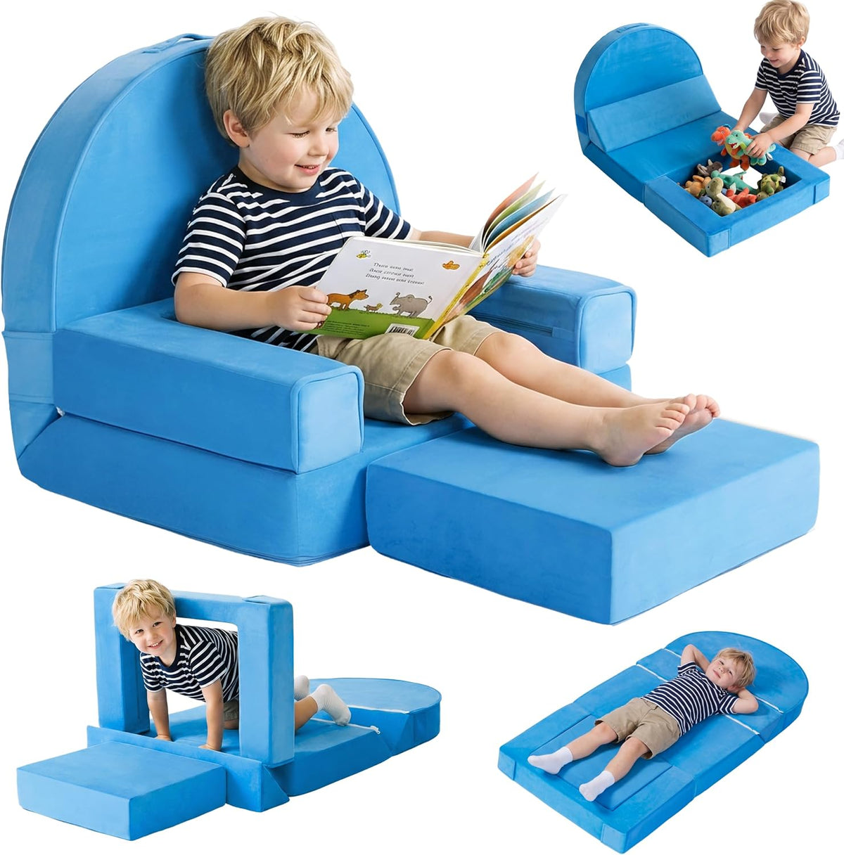 Joyfy Kids Couch, 8-in-1 Convertible Foam Sofa with Washable Cover, Blue