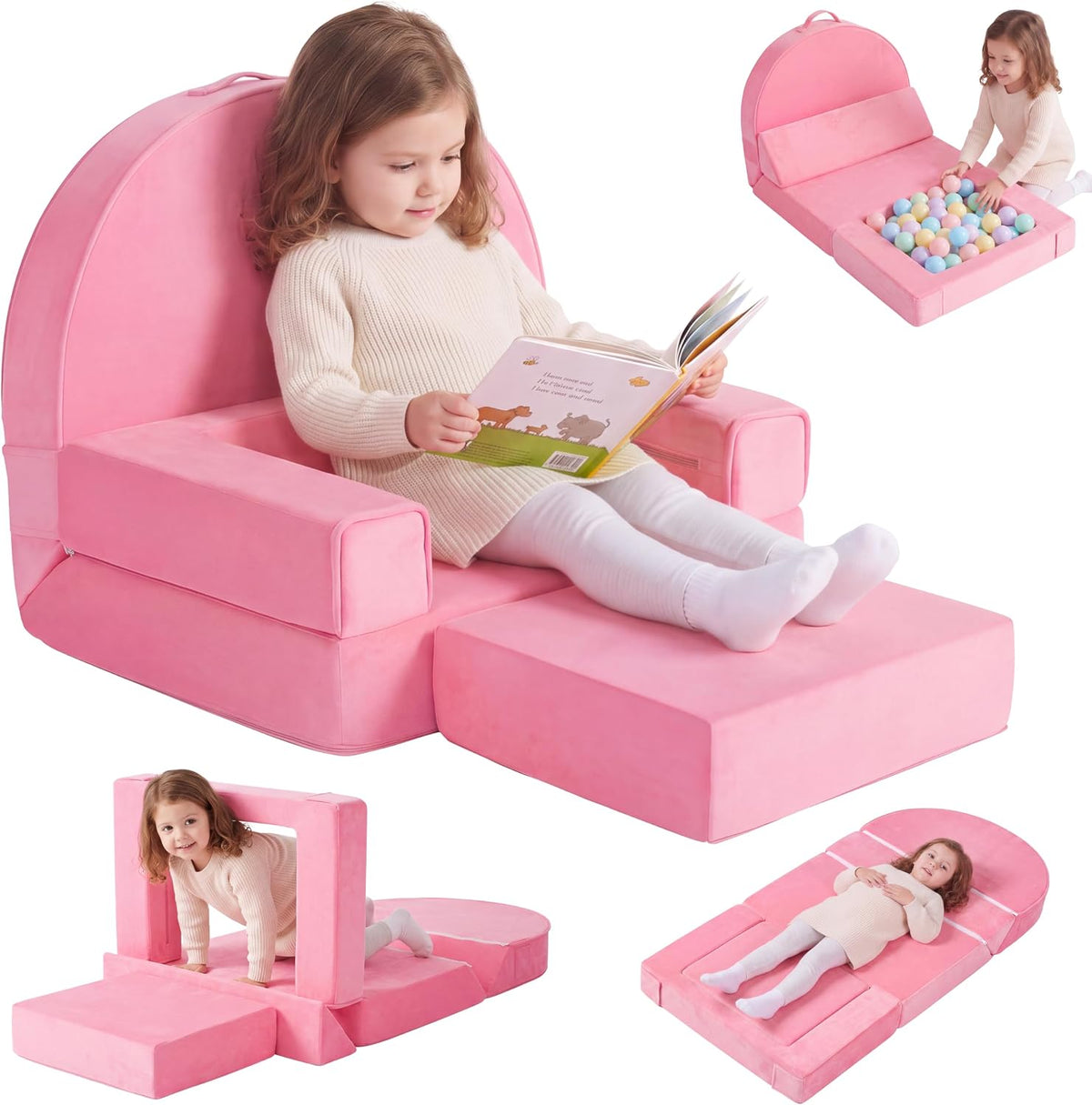 Joyfy Kids Couch, 8-in-1 Convertible Foam Sofa with Washable Cover, Pink