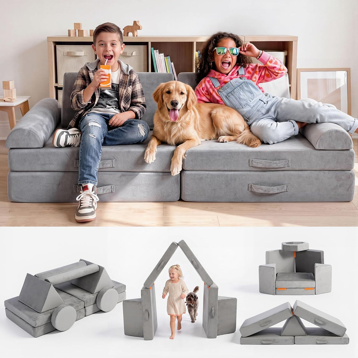 Joyfy Kids Connectable Fixed-Module Sofa, Gray