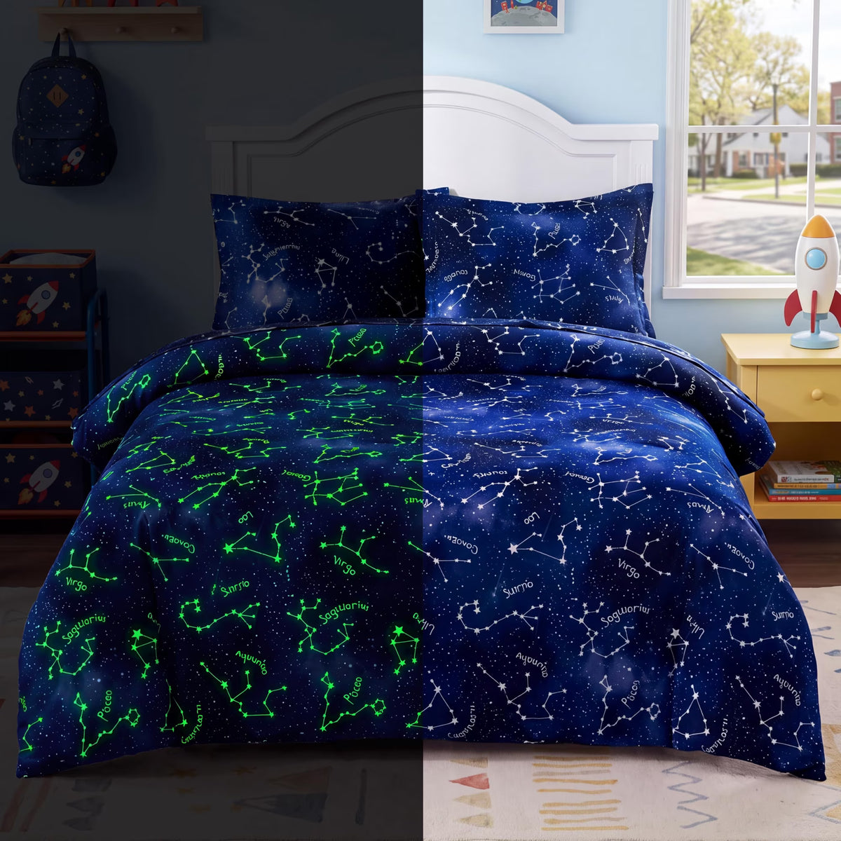 Joyfy Kids Twin Comforter Set 5pcs Glow in The Dark Galaxy, Super Soft Microfiber Bed in a Bag with Comforter, Sheets, Pillowcase & Sham for Kids Age 5+