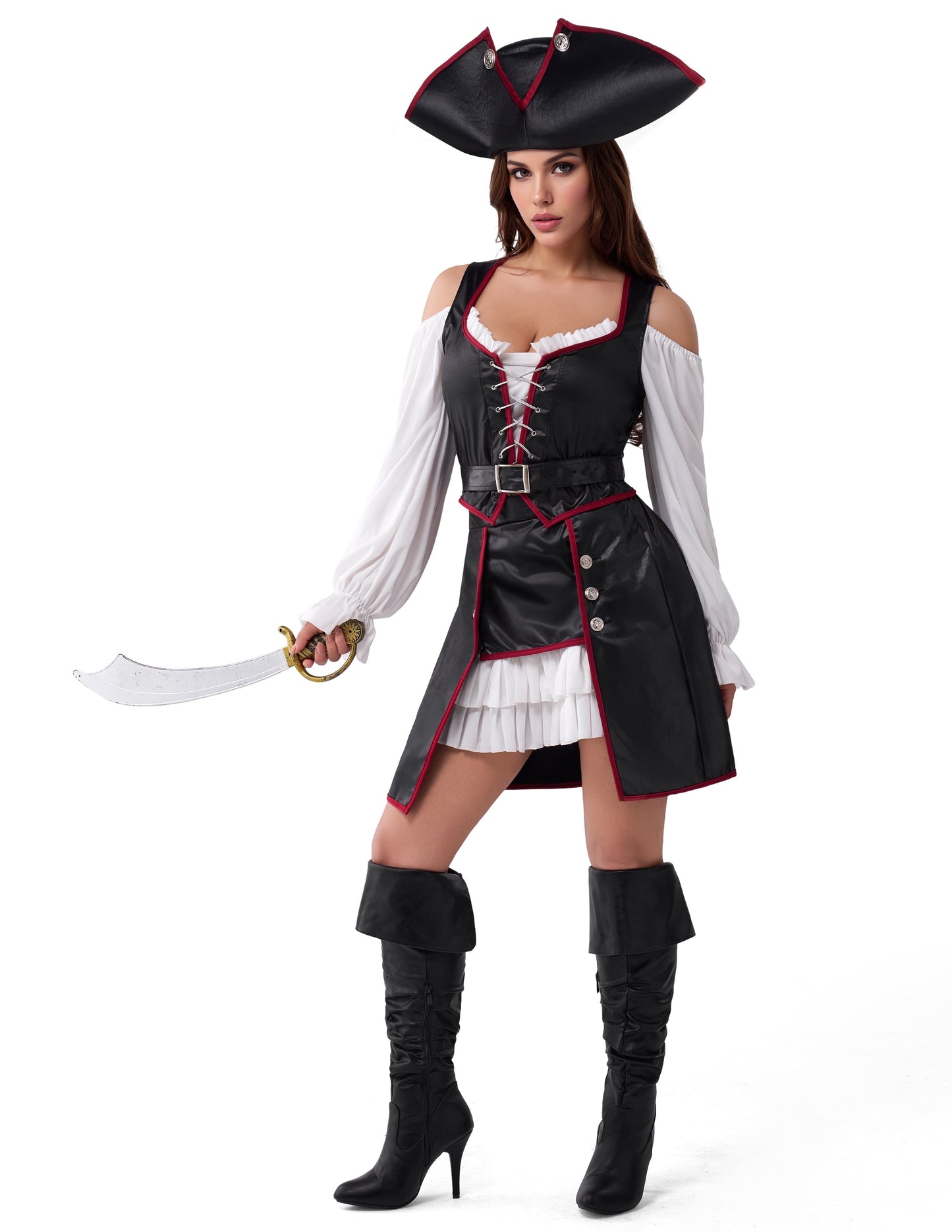 Joyfy Women's Pirate Costume, Adult Female Captain Outfit with Lace Up Top & Mini Skirt Pirate Hat Belt for Halloween Themed Party Fancy Dress Costume