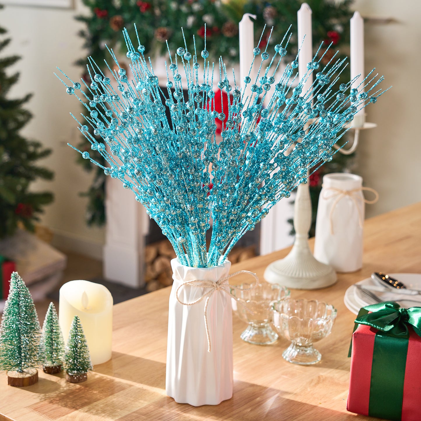 Joyfy 24 Pcs Christmas Tree Berry Stem, 20 Inches Decorative Bead Sticks, Glittery Twigs, Picks, Branches for Christmas Tree, Small Vase, Holiday, Wedding, Party (Light Blue)
