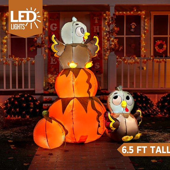 Joyfy 6 FT Thanksgiving Inflatable Stacking Pumpkin Turkey with Built-in LEDs, Blow Up Inflatables Turkey for Thanksgiving Outdoor Decorations,Halloween Inflatable Turkey for Yard Garden Decoration