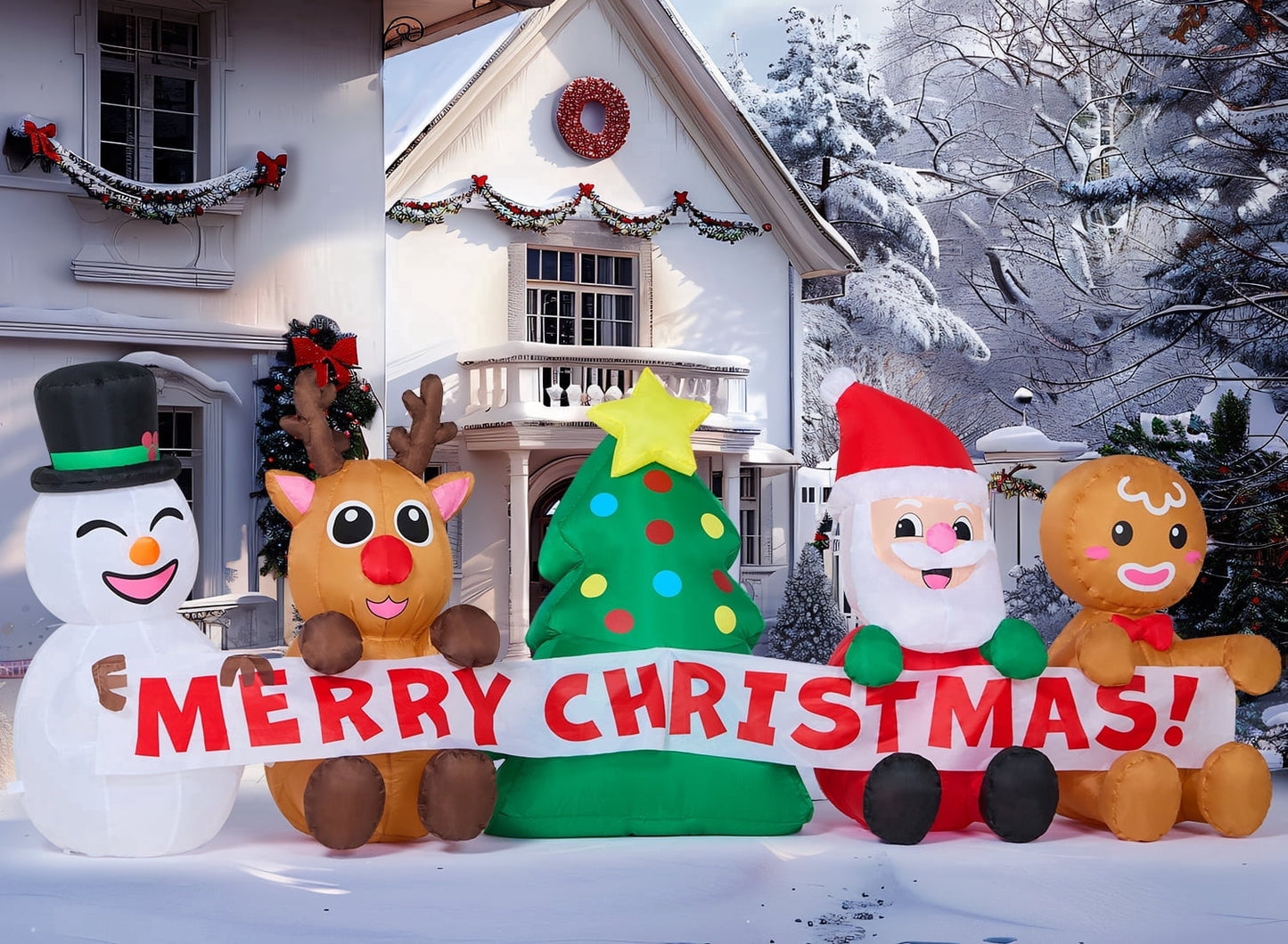 Joyfy 8 ft Long Christmas Inflatables Merry Christmas Sign with Santa Snowman Reindeer Gingerbread Man Outdoor Decorations,Blow Ups Yard with Built-in LEDs for Holiday