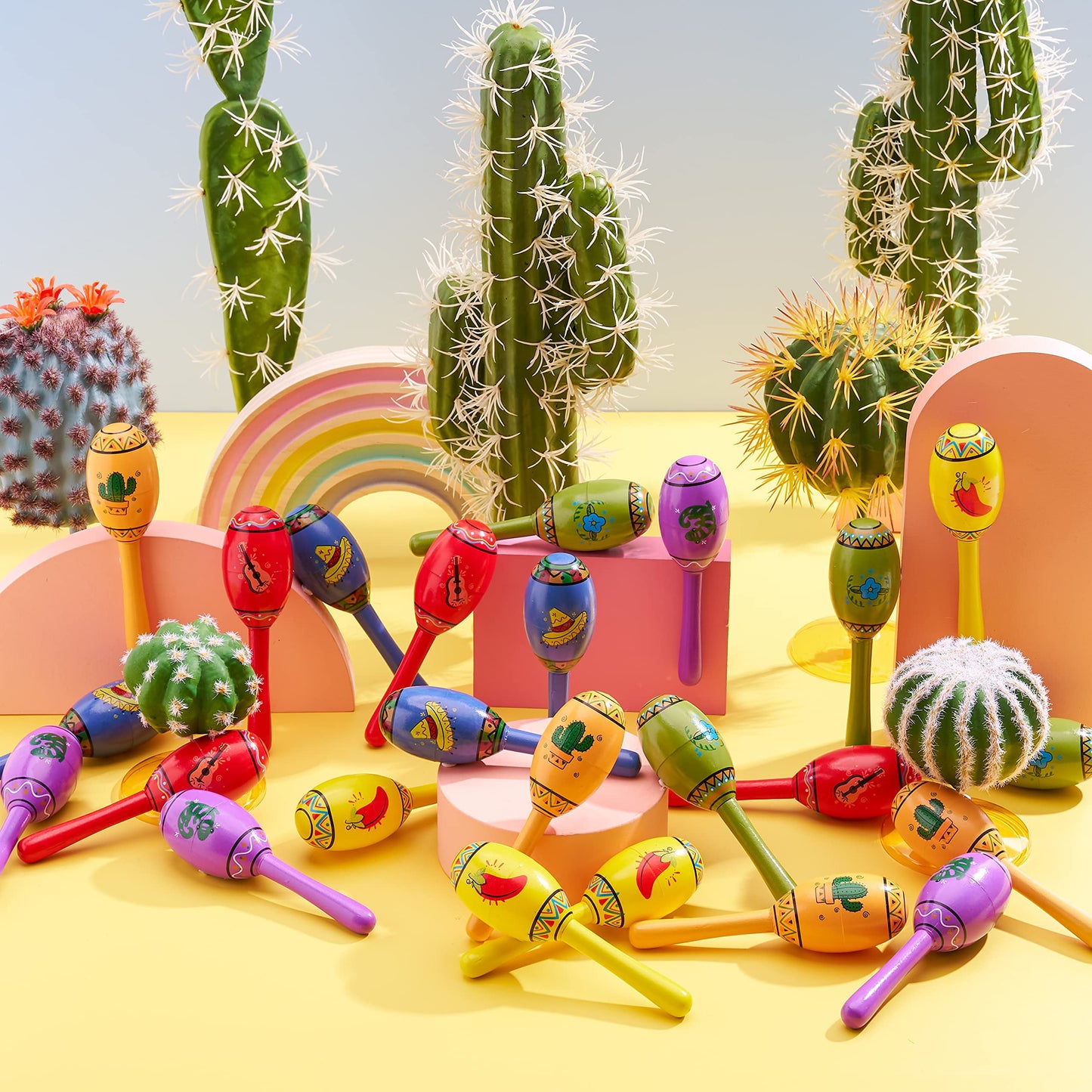 24 mini wooden carnivals Maracas, 6 designed noise generators for Mexican carnivals