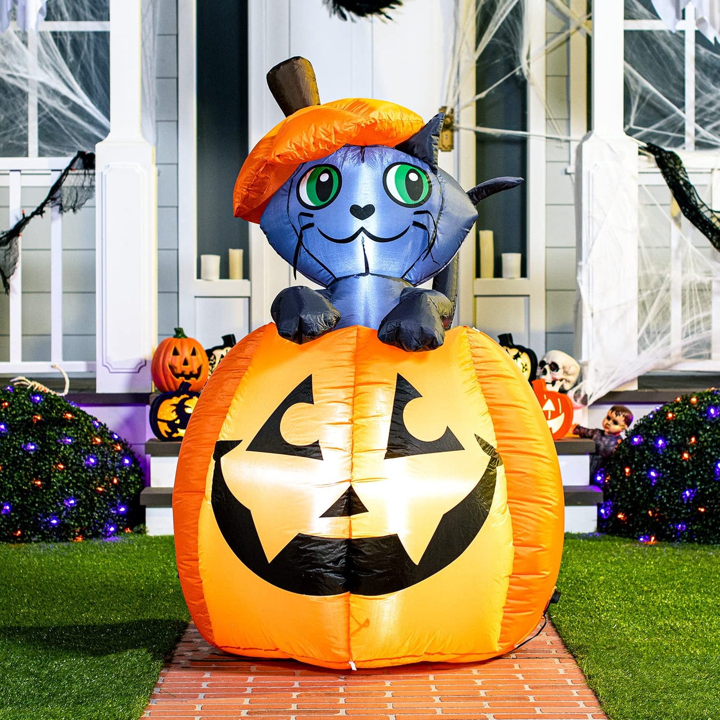 Syncfun 5 FT Halloween Inflatable Animated Kitty Cat On Pumpkin Halloween Decoration,Halloween Blow Up Yard Lawn Inflatables