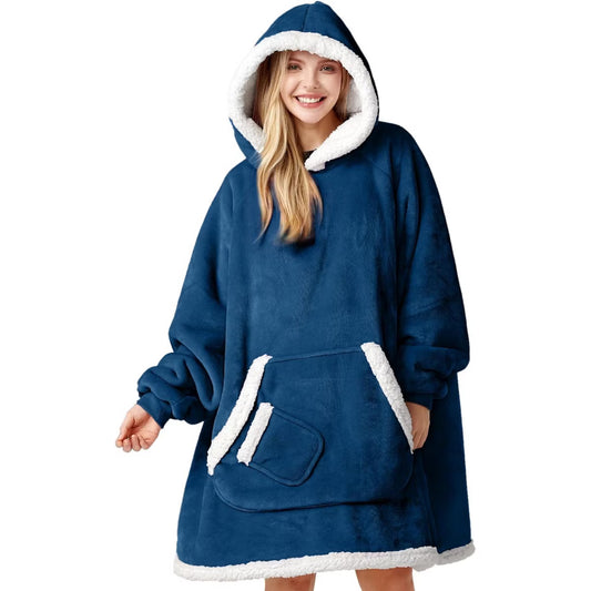 Wearable Blanket Hoodie for Women Men Christmas Gifts Mom Wife, Flannel Fleece Hooded Hooded Blanket Sweatshirt with Pocket and Sleeves Navy Oversize