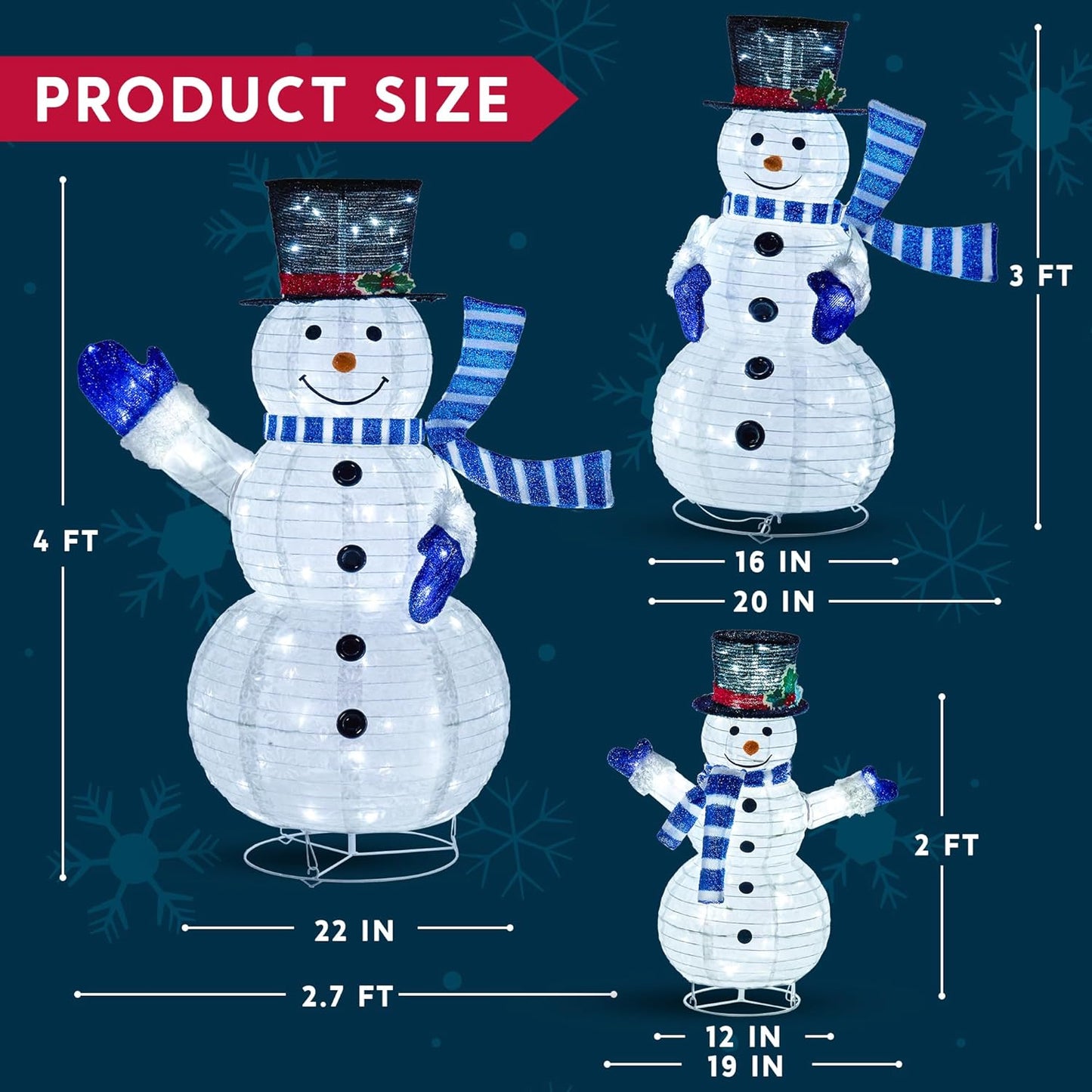 Joyfy 3 Pcs Collapsible Snowman Yard Light Christmas Outdoor Decorations,3D 270 Pre-Lit LED Snowman Christmas Decorations,Christmas Yard Light with Stakes Holiday Decor