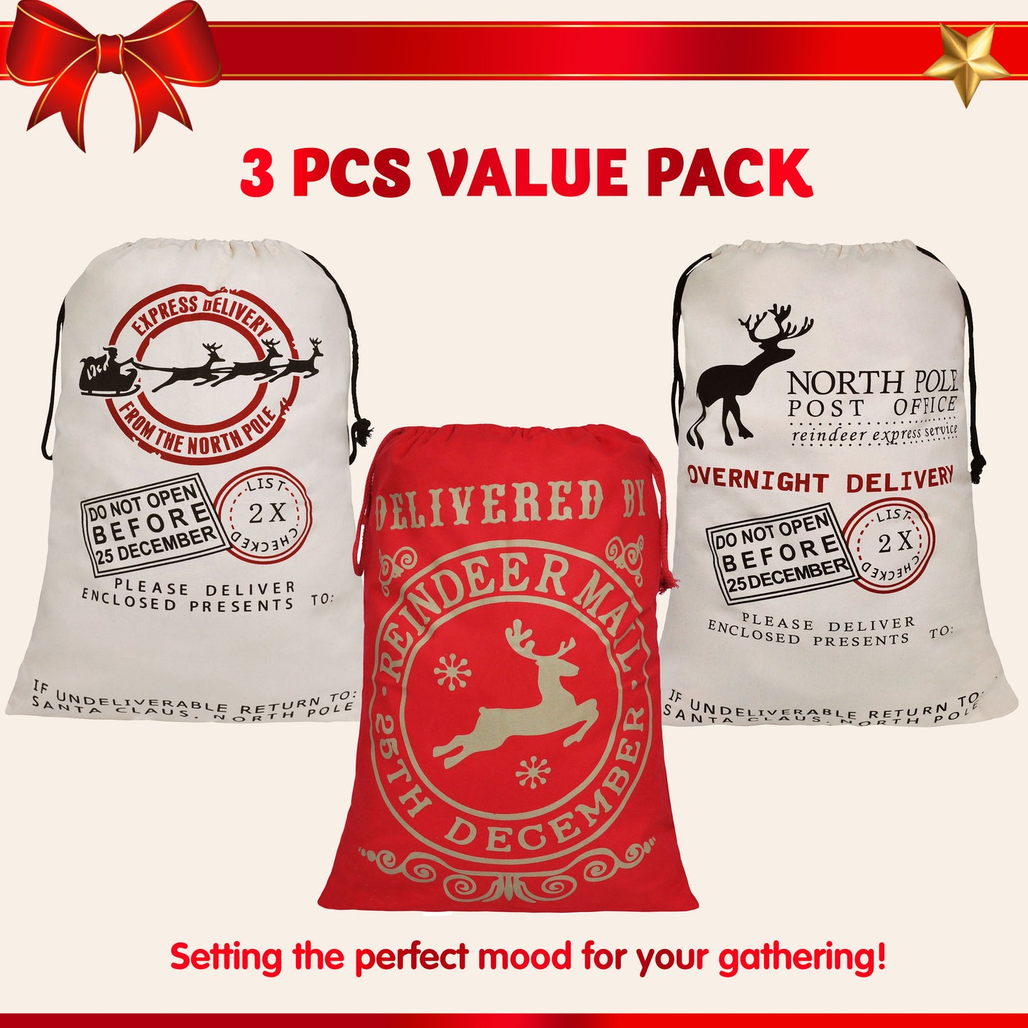 Joyfy 3 Pcs Santa Burlap Sack Christmas Gift Bags with Drawstring 26" x 19" for Large Xmas Package Storage, Event Party Supplies, Christmas Party Favors