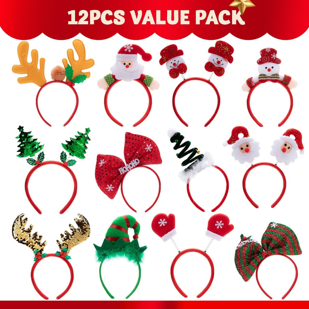 Joyfy 12 Pack Christmas Headbands Xmas 3D Head Hats Headbands for Kids Women Men Christmas Party Christmas Costume Accessories Christmas Party Gifts Photo Booth (One Size)