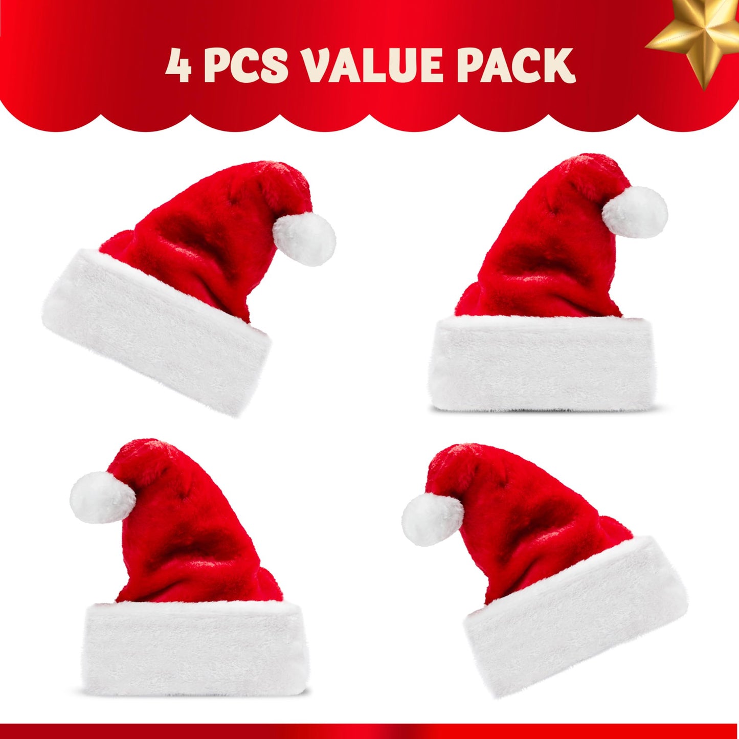 Joyfy 4 Pack Santa Hat,12.5 x 20 Inch Santa Hats for Adults Christmas Hats Plush Red Velvet Santa Hats Bulk for Adults Men Women Kids Christmas Party Favors Holiday Props