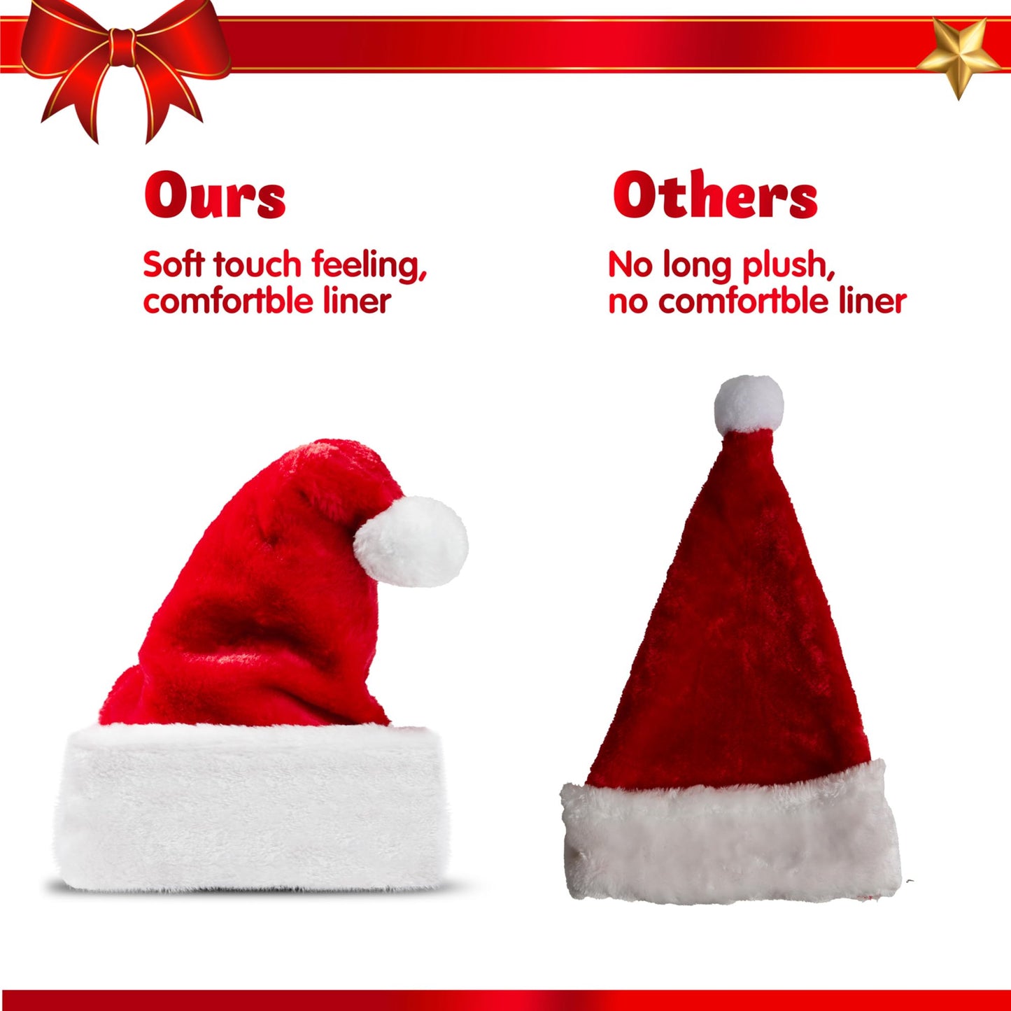 Joyfy 4 Pack Santa Hat,12.5 x 20 Inch Santa Hats for Adults Christmas Hats Plush Red Velvet Santa Hats Bulk for Adults Men Women Kids Christmas Party Favors Holiday Props