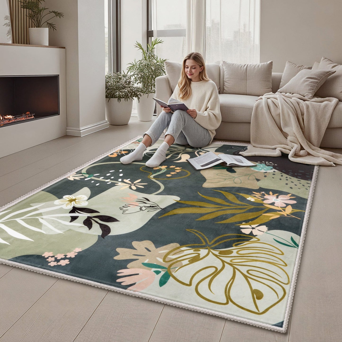 Joyfy Washable Floral Area Rug 5'x7' Non-Slip Soft Carpet with Rubber Backing for Living Room, Bedroom, Dining Room, Kids Nursery and Bedside Indoor Use Olive-Green