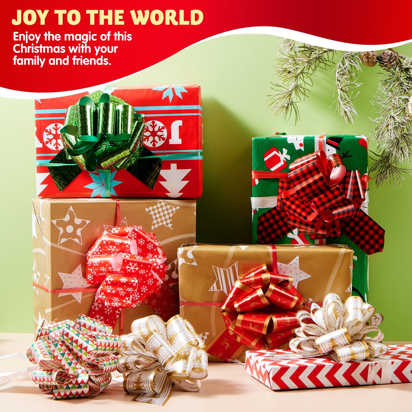 Joyfy 24 Pcs Christmas Pull Bows Present Wrap Ribbon(4.7" Wide), Easy and Fast Gift Wrapping Accessory for presents, Bows, Baskets, Wine Bottles Decoration, Gift Wrapping and Decoration Present