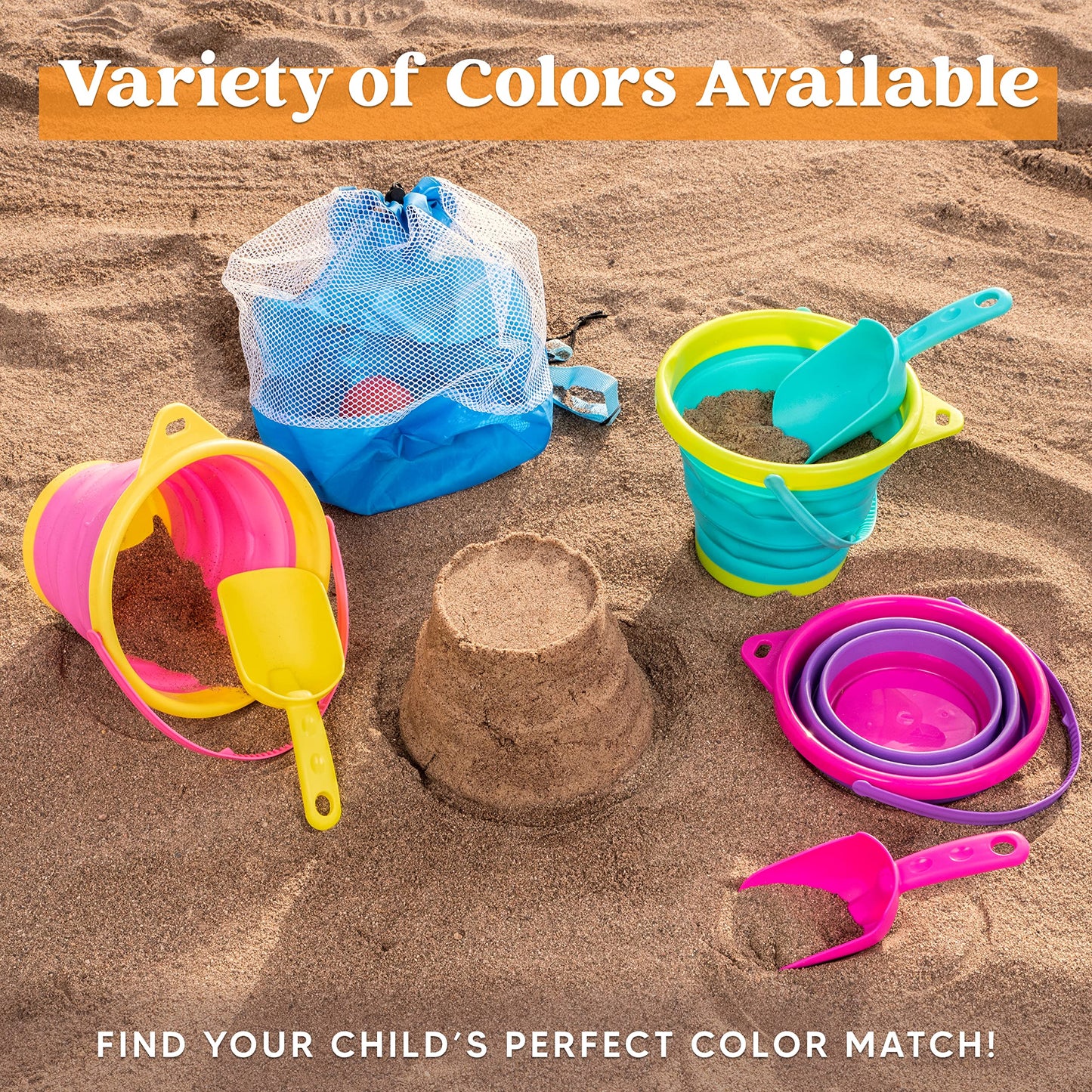 Syncfun 3 Packs Collapsible Bucket with Shovels & Mesh Bag, Multi-Purpose Kids sand toys for Beach, Camping Gear, Beach Parties, and Fun Summer Activities