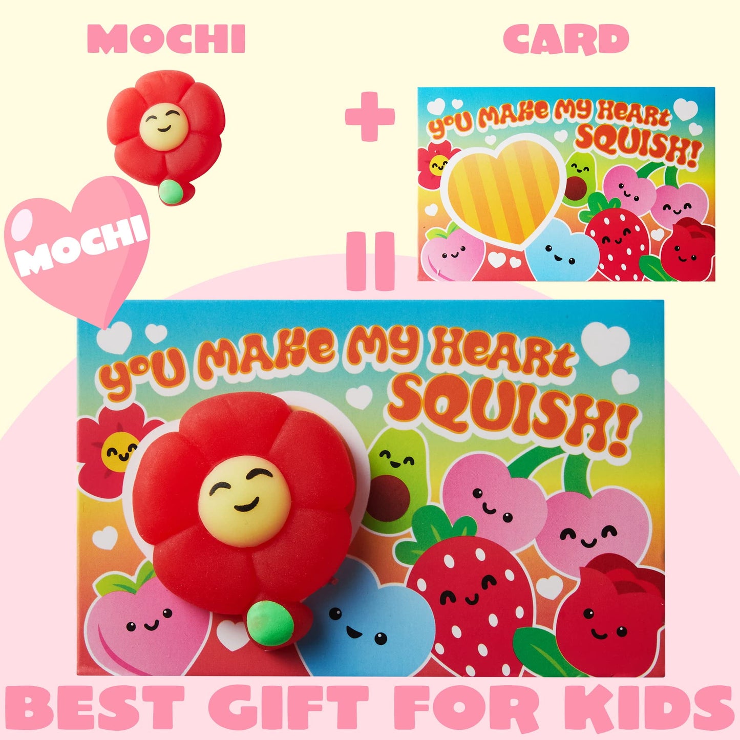 28 Packs Valentines Day Gift Cards with Mochi Squishy Toys, Stress Relief Fidget Toys for Kids Valentine Classroom Favors