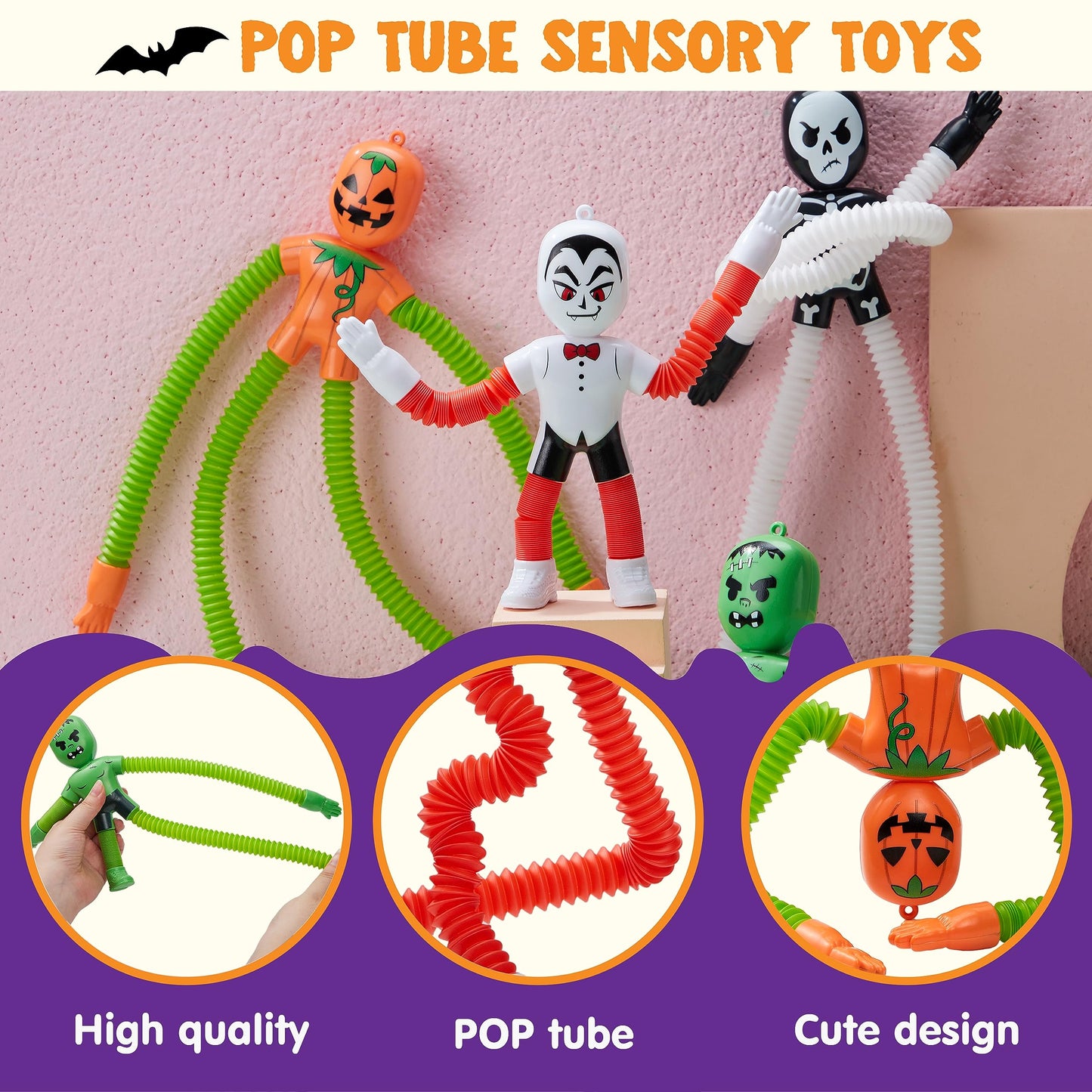 Syncfun 4 Pcs Halloween Sensory Stretchy Fidget Toys,Halloween Telescopic Pop Tube Toys Bulk for Party Favors,Halloween Goody Bag Fillers,Halloween Stretchy Toys for Classroom Prizes
