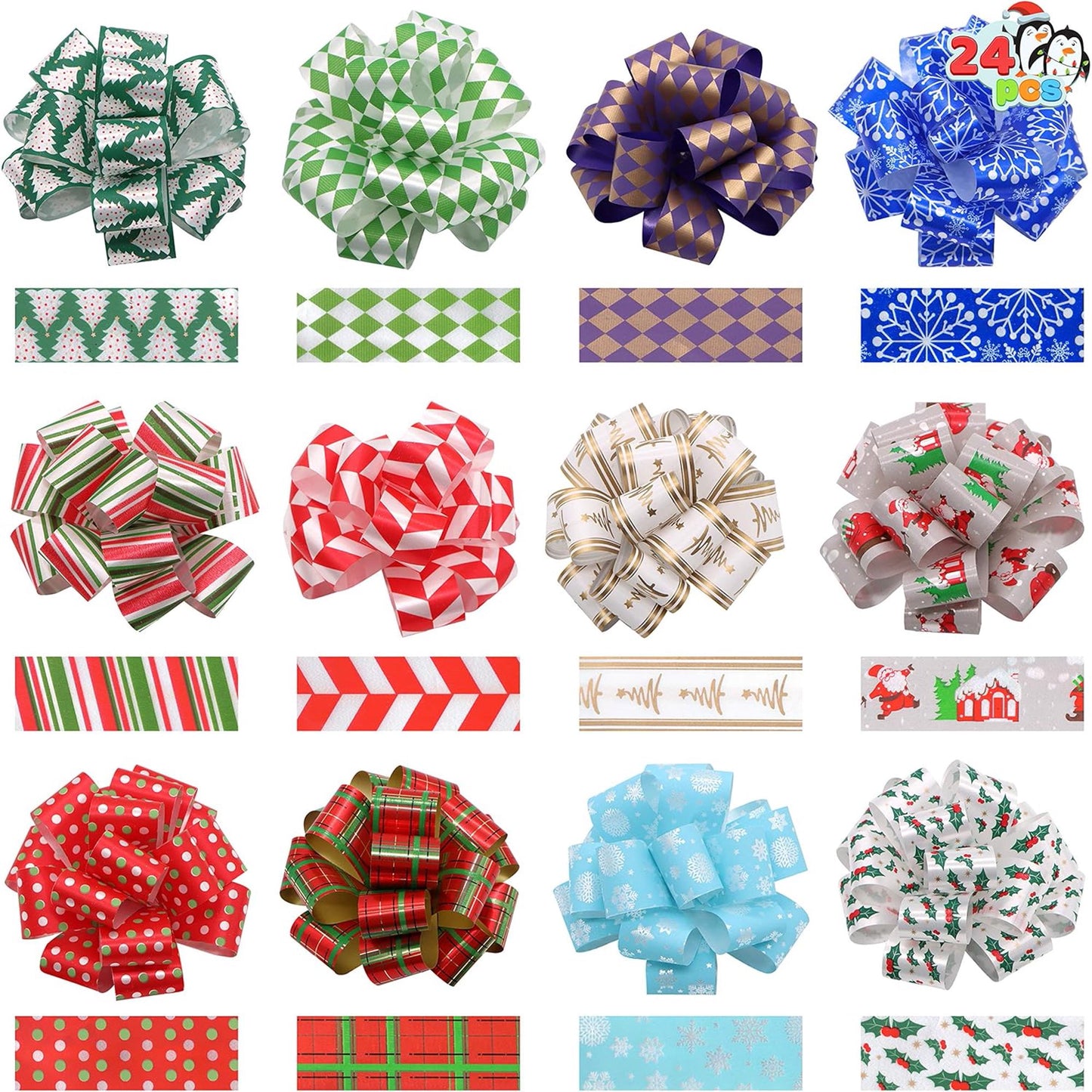 Joyfy 24 Present Wrap Ribbon Pull Bows 4.7", Easy and Fast Gift Wrapping Accessory for presents, Bows, Baskets, Wine Bottles Decoration, Gift Wrapping and Decoration Present