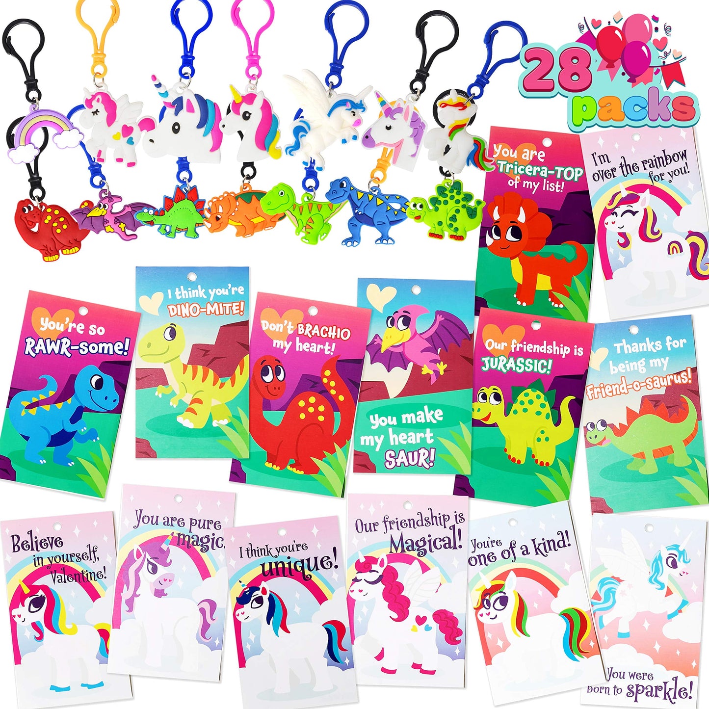 56 pcs Valentines Day Toys Set (28 Keychain and 28 Cards), Valentines Cards with Unicorn Dinosaur Gift Set for Kids, Valentines Classroom Exchange Cards