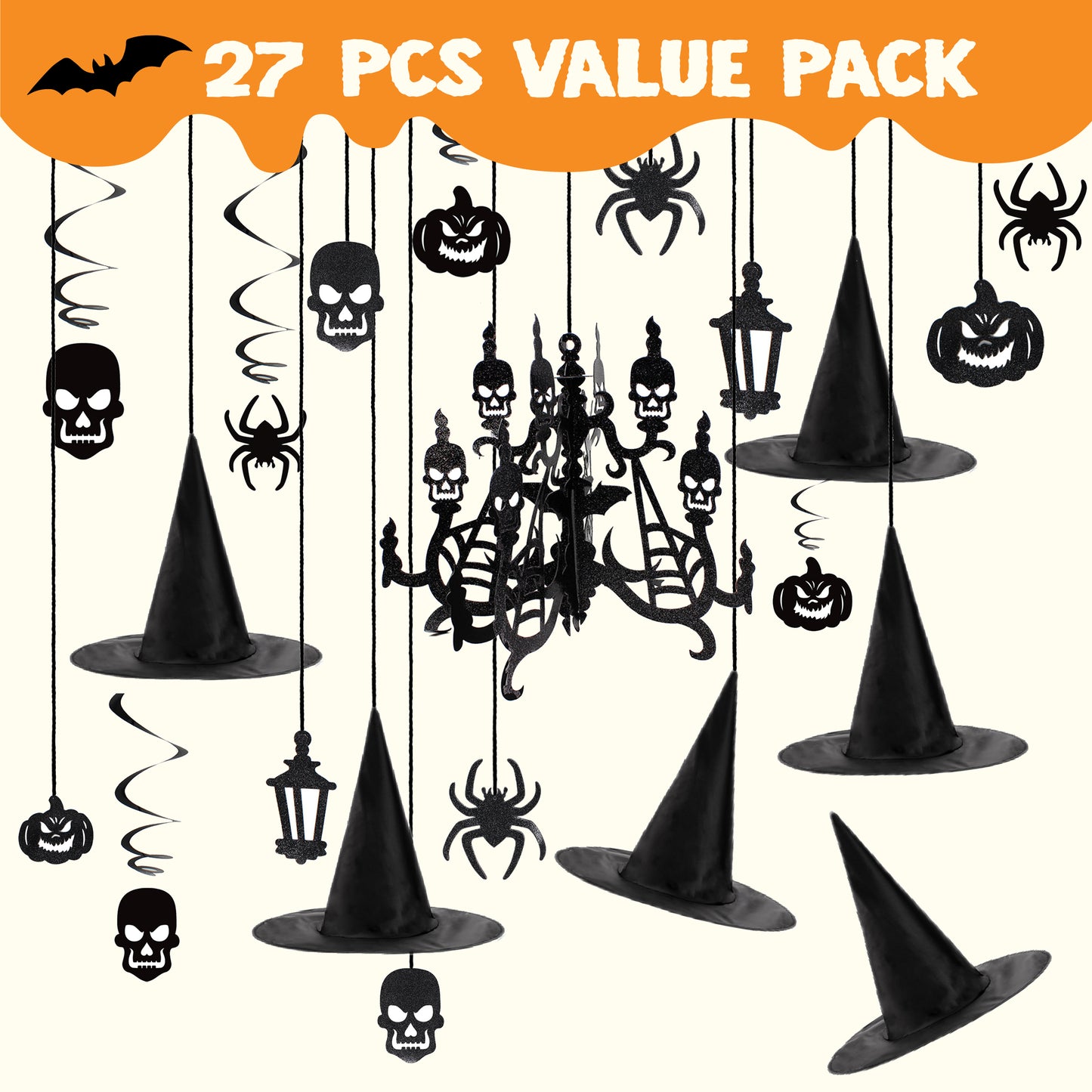 SYNCFUN 29 Pcs Halloween Hanging Swirl Decorations and Witch Hats,Halloween Decorations Indoor Birthday Party Supplies Decorations,Pumpkin Spider Ghost Decor