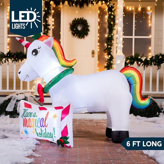 Joyfy 6 ft Christmas Inflatables Magical Unicorn Outdoor Decorations,Christmas Unicorn Blow Ups Yard with Built-in LEDs for Holiday Party Garden Lawn Decor