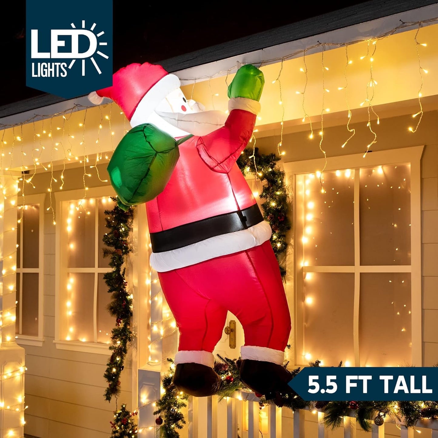Joyfy 5.5 ft Christmas Inflatables Santa Outdoor Decorations,Christmas Hanging Santa with Gift Bag Blow Ups Yard with Built-in LEDs for Holiday Party Garden Lawn Decor