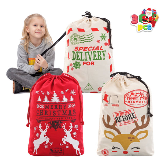 Joyfy 3 Pcs Santa Burlap Sack Christmas Canvas Gift Bags with Drawstring 26" x 19" for Large Xmas Package Storage, Event Party Supplies, Christmas Party Favors