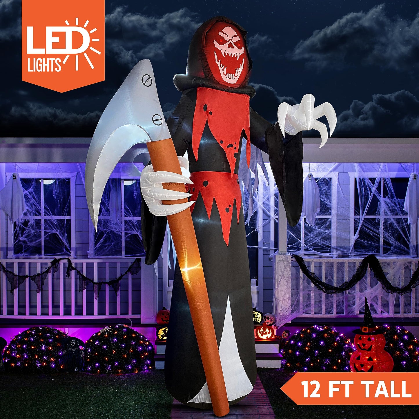 Syncfun 12 FT Halloween Inflatable Giant Grim Reaper Decoration with Built-in LEDs,Grim Reaper with Scythe Halloween Decorations Outdoor Blow Up Yard Lawn Decoration