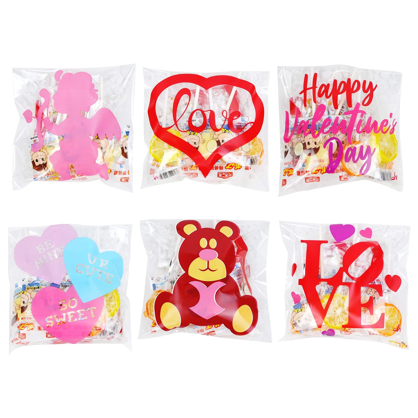 150 Pcs Valentine Cellophane Gift Bags Square Cellophane Candy Bags Valentine Goodies Bags in 6 Designs for Kids Valentine's Day Party Favor Supplies