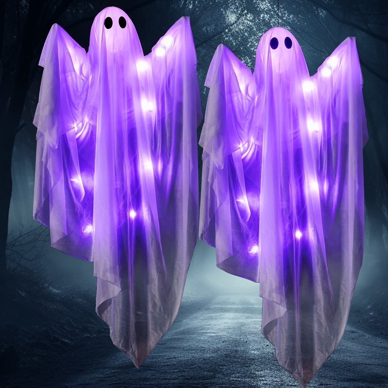 Joyfy 2 Pcs Hanging Ghosts Halloween Decorations Outdoor,35.5 Light up White Ghosts with Spooky Purple LED Light,Halloween Outdoor Yard Porch Decorations,Haunted House Decorations